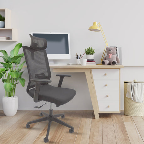 Cadeira de escritório presidente c/ ajuste de braço, encosto em tela e assento em tecido - Nova Itália