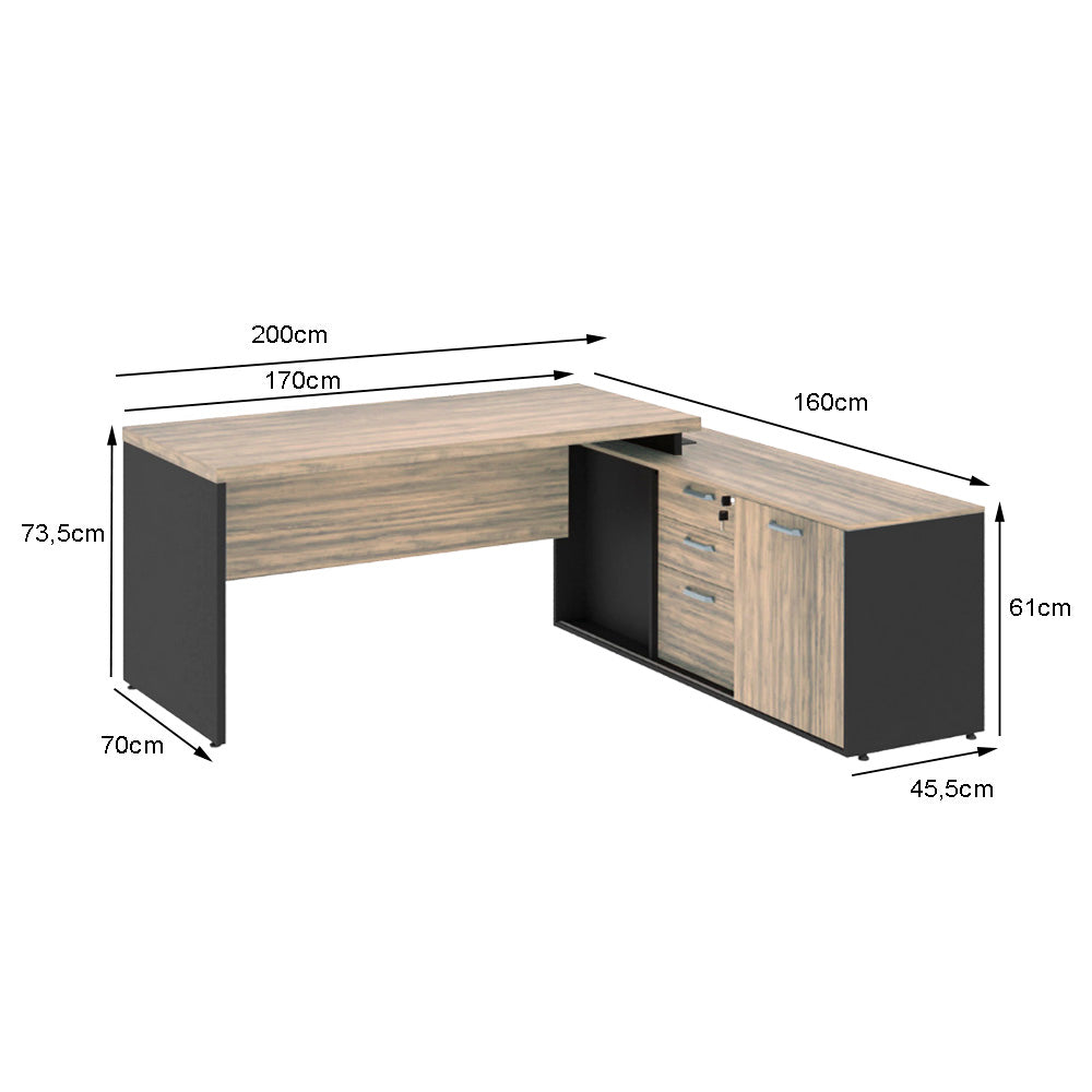 Mesa de Escritório 170cm Dinâmica com armário lateral com 3 gavetas e caixa de tomadas - Euro Croácia - 73,5AX200LX160P