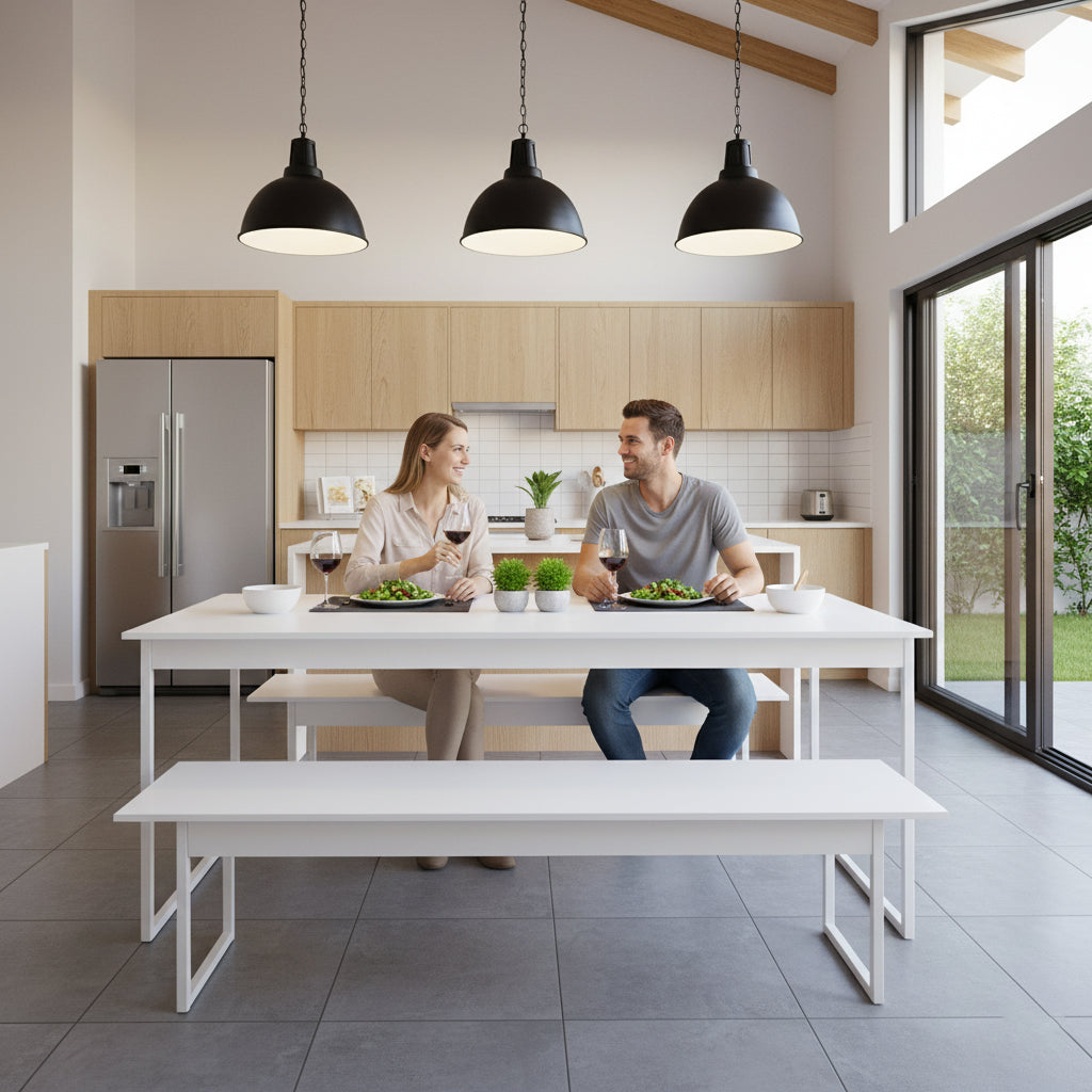 Mesa para Refeitório 4 Lugares c/2 Bancos 2 Lug. em MDF com Estrutura Metálica 135L x 72P