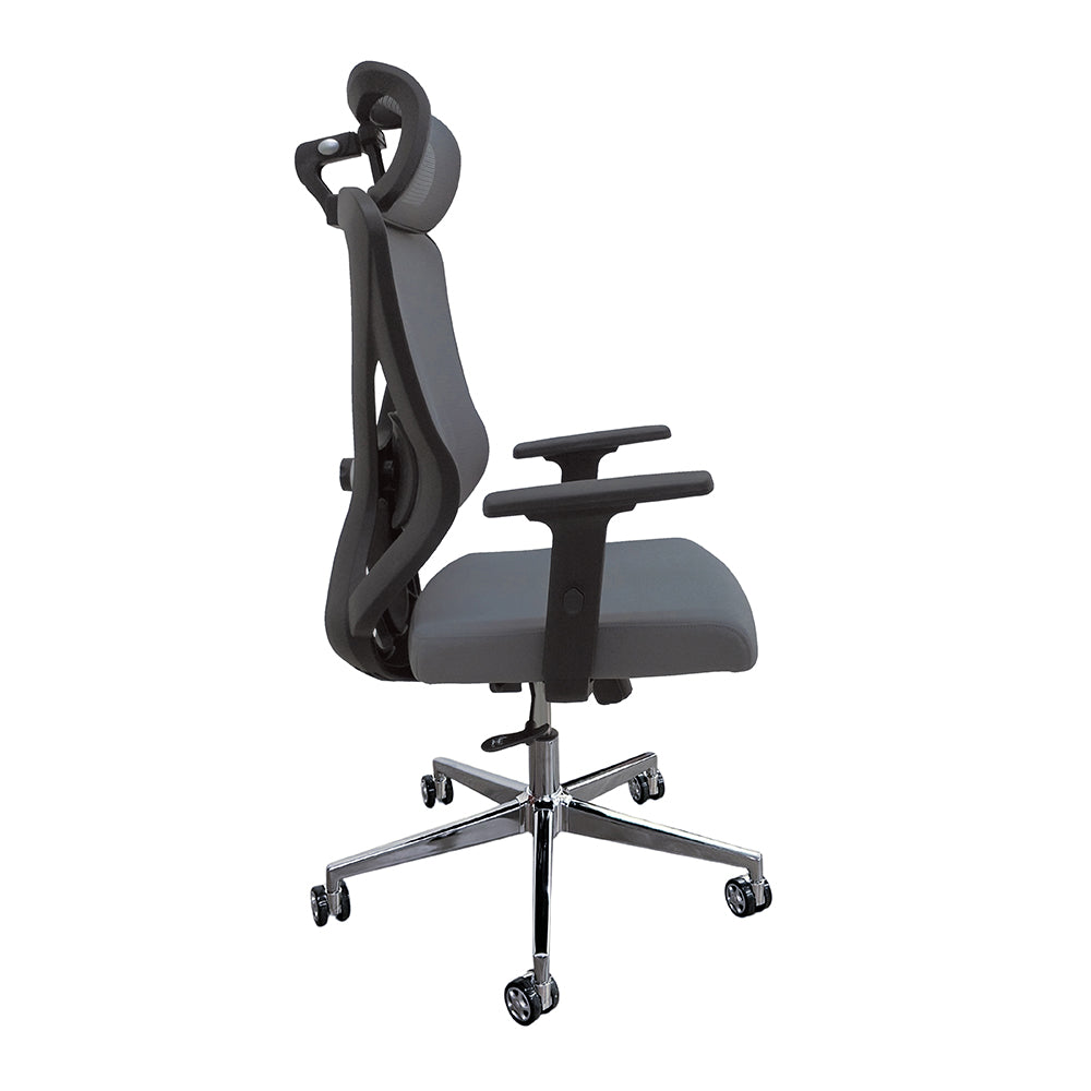 Cadeira Presidente Elite Cinza com Encosto em Tela e Assento em Tecido com Apoio de Cabeça.