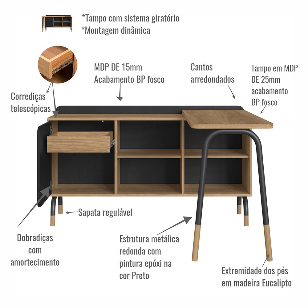 Mesa de escritório executiva com tampo giratório e balcão Credenza 28005 Flexus - Artesano - 78AX111/136LX45/37,5P