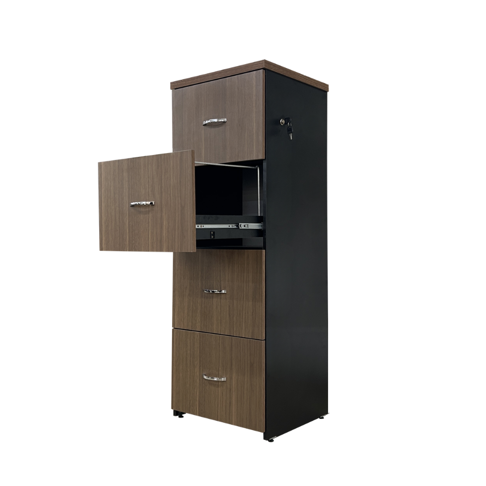 Kit Promocional  Mesa de Escritório 160cm castanho tannat Pé Painel preto - SM Alfa BP - 73Ax160Lx70P + Arquivo para pasta suspensa com 4 gavetas castanho tannat com preto com corrediças telescópicas - SM Alfa BP 141Ax50Lx46P