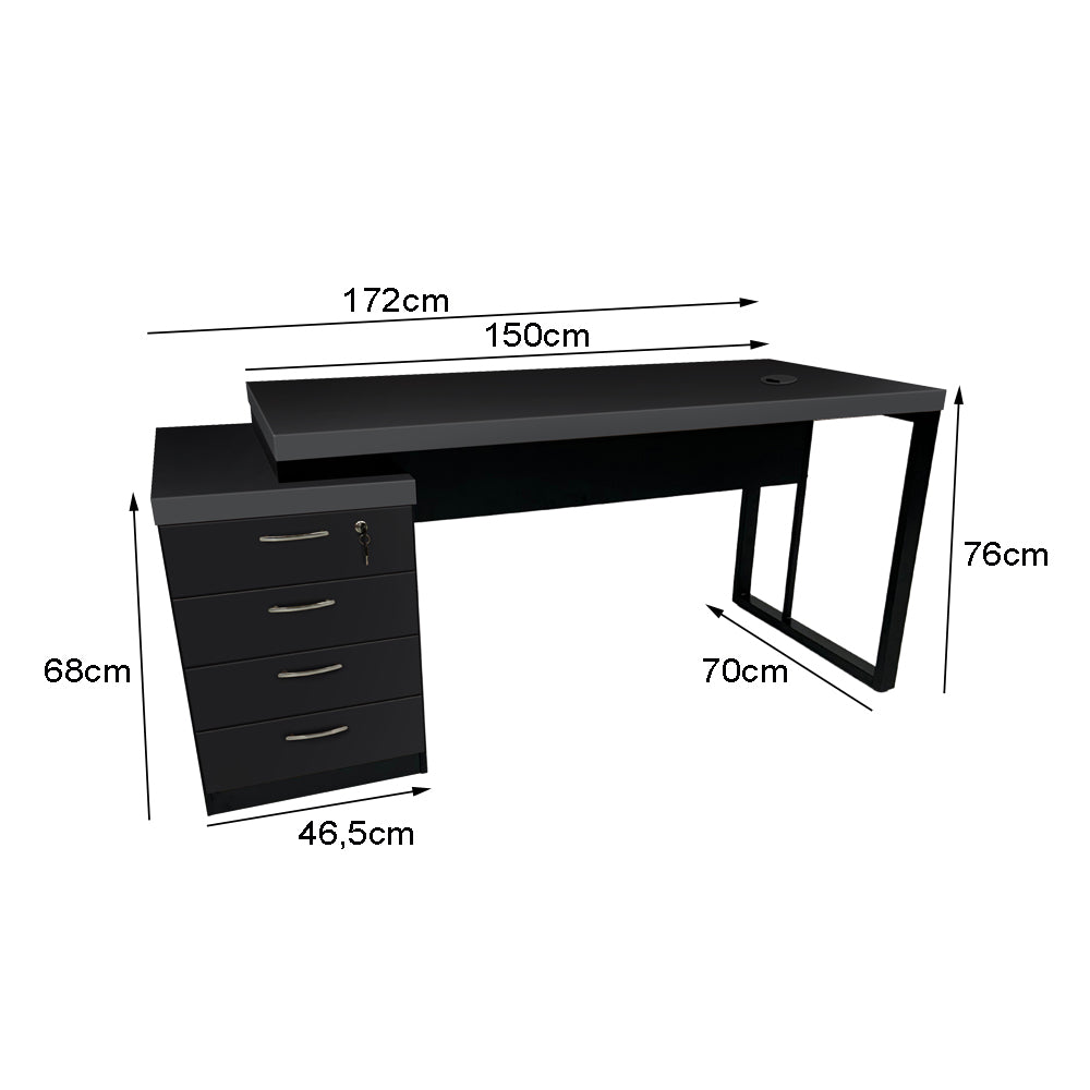 Mesa de Escritório 172cm Dinâmica Pé Metálico Com Gaveteiro Pedestal de 4 gavetas - SM Prime - 76AX172LX70P