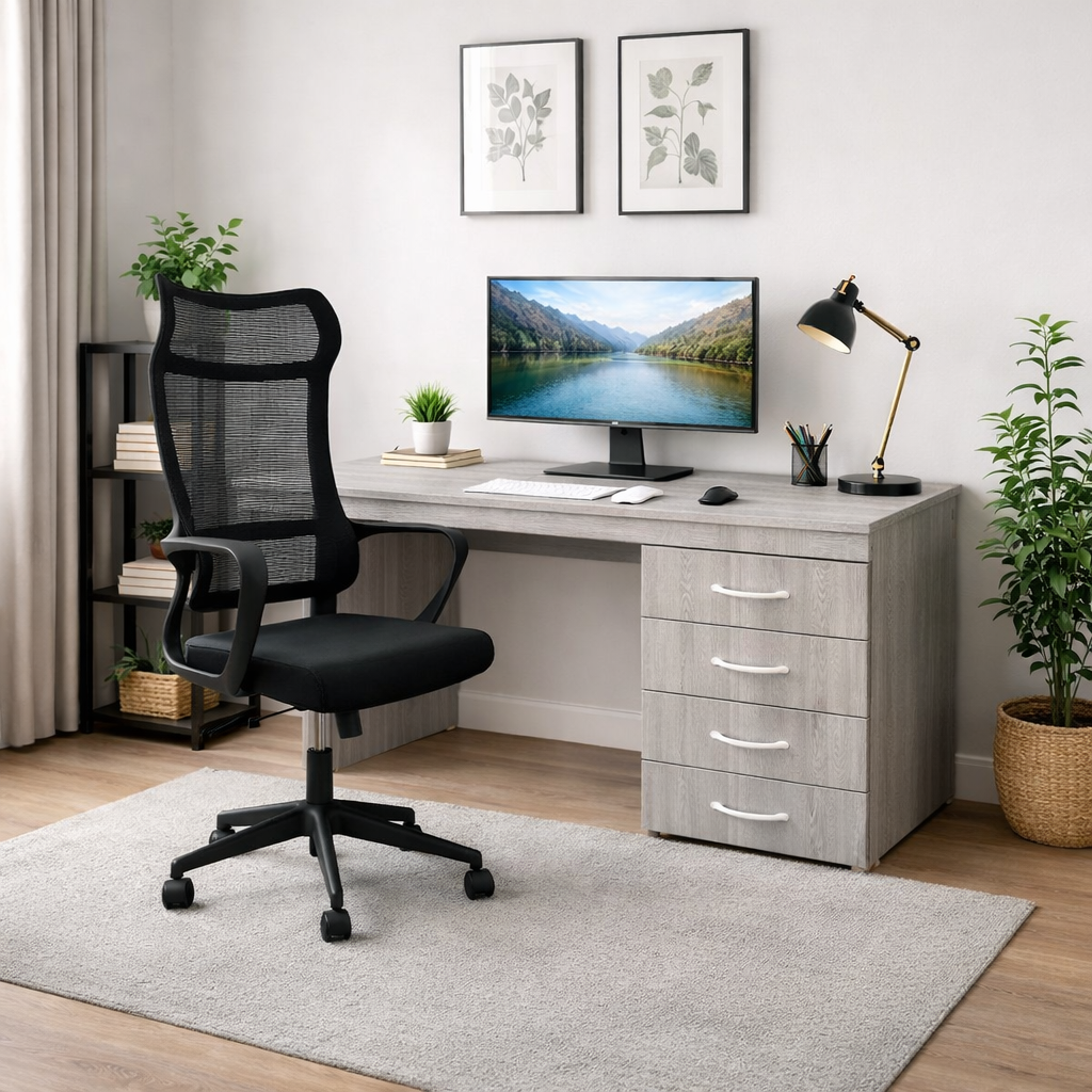 Kit Promocional Cadeira de Escritório Ergonômica Berlim + Escrivaninha Angra Legno Crema com 4 gavetas - SM - 75AX120LX47P