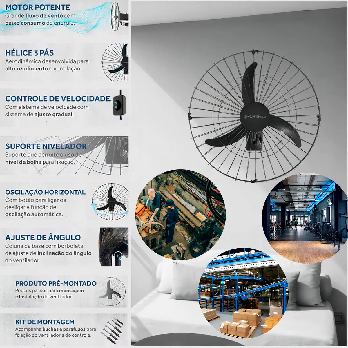 Ventilador de Parede  60CM BIVOLT 147W Preto - Otmo