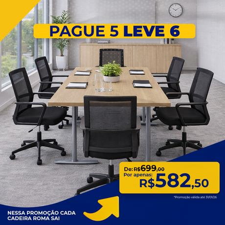 Kit Promocional Pague 5 e Leve 6 Cadeiras Secretárias Giratória encosto em tela e assento em tecido com Braços e relax Roma - LA-854